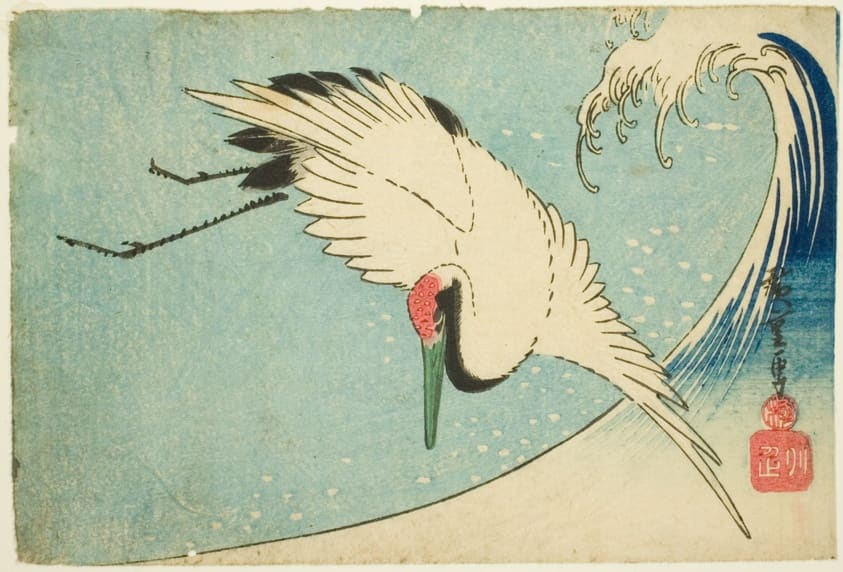 A Hiroshige woodblock print of a red-crowned crane diving over a breaking wave