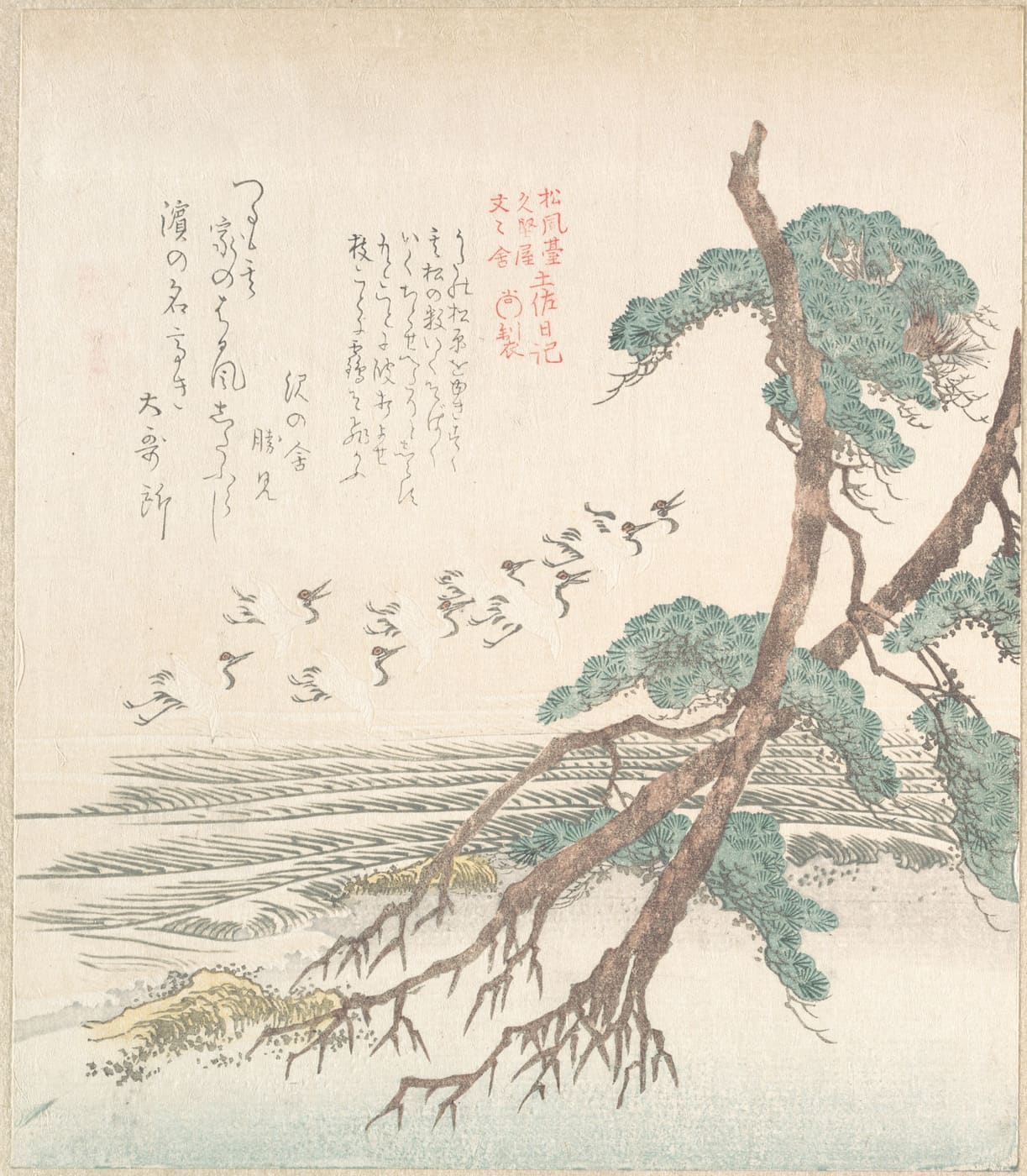 A woodblock print of cranes flying past seaside pine trees